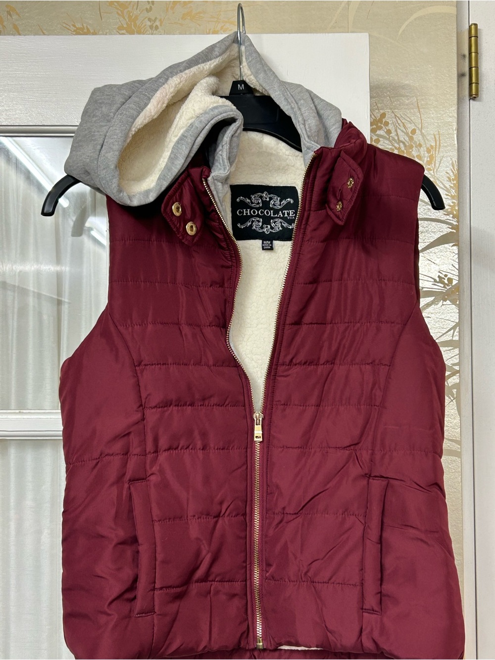 NWOT— Chocolate Women's Maroon Puffer Vest with Gray Hood